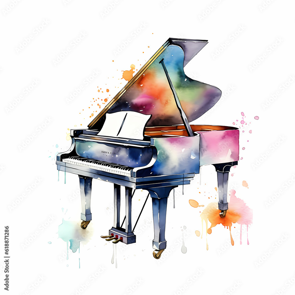 Piano watercolor illustration on white background