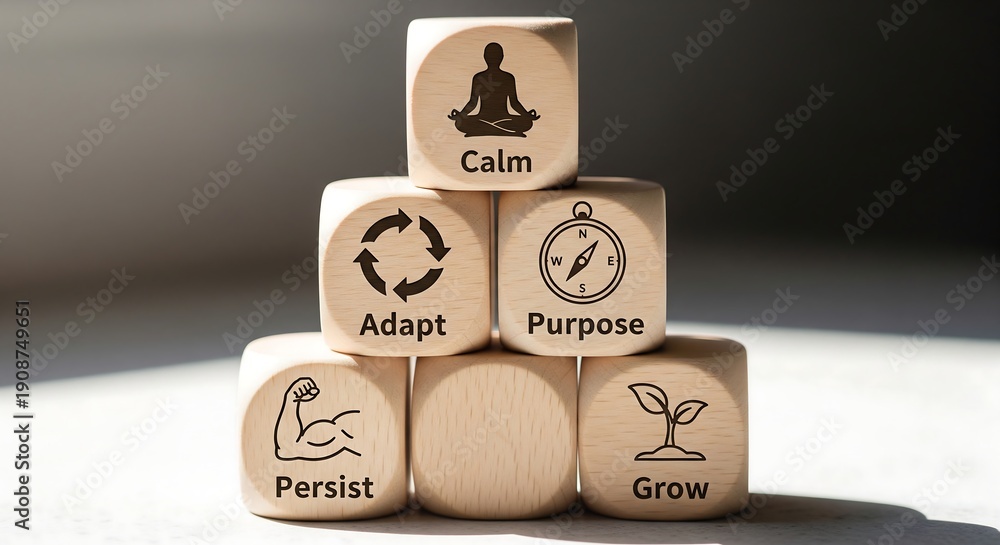 Wooden blocks stacked in a pyramid shape, each featuring an icon and a word representing personal growth and well-being concepts.