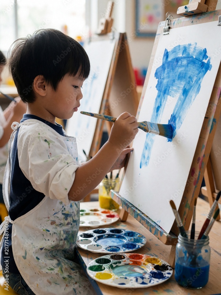 Young boy painting with a blue brush on a canvas at an easel